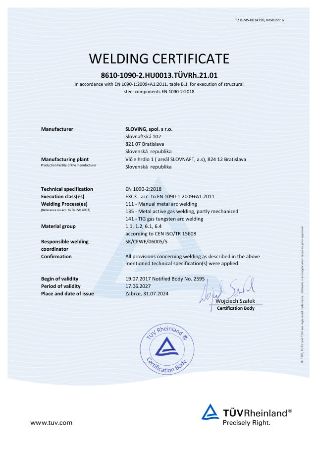 Certifikát EN 1090-2:2018 (EN) (náhľad 1. strany)
