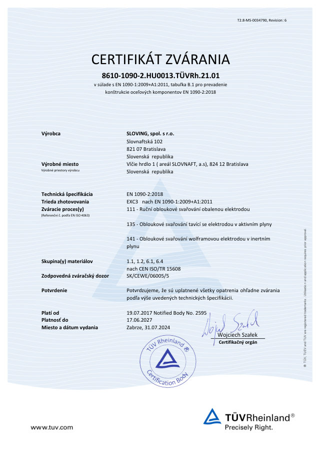 Certifikát EN 1090-2:2018 (náhľad 1. strany)