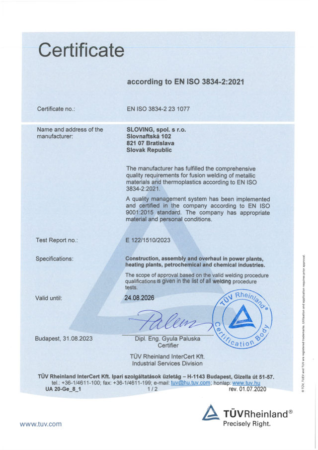 Certifikát EN ISO 3834-2 (EN) (náhľad 1. strany)