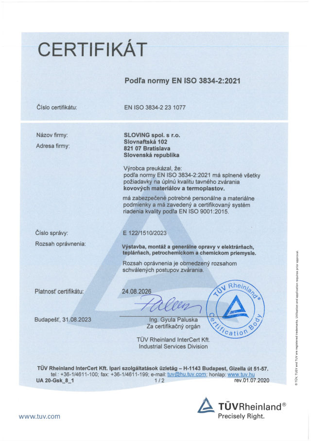 Certifikát EN ISO 3834-2 (náhľad 1. strany)