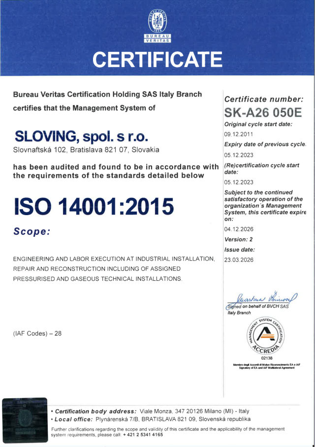 Certifikát ISO 14001:2015 (EN) (náhľad 1. strany)
