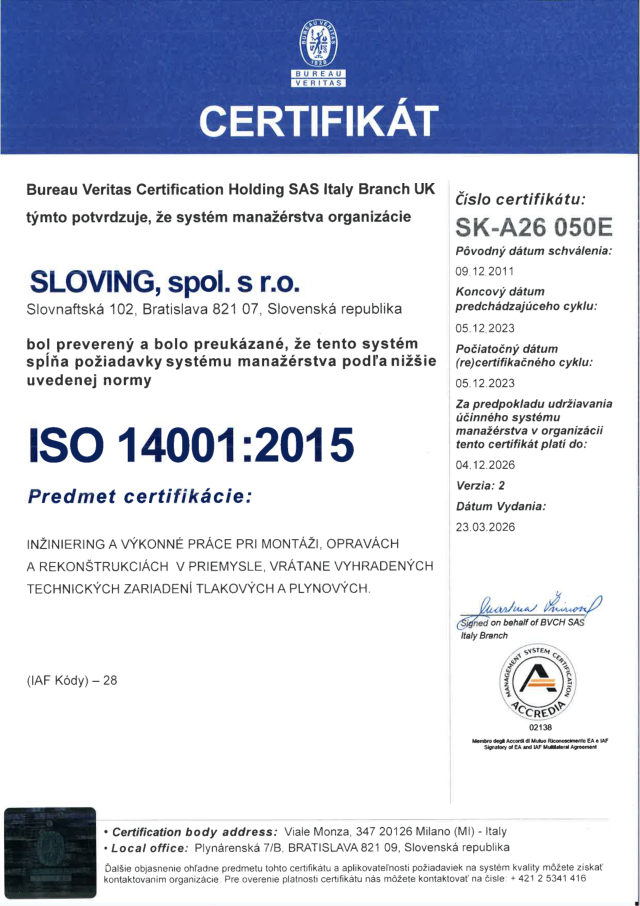Certifikát ISO 14001:2015 (náhľad 1. strany)