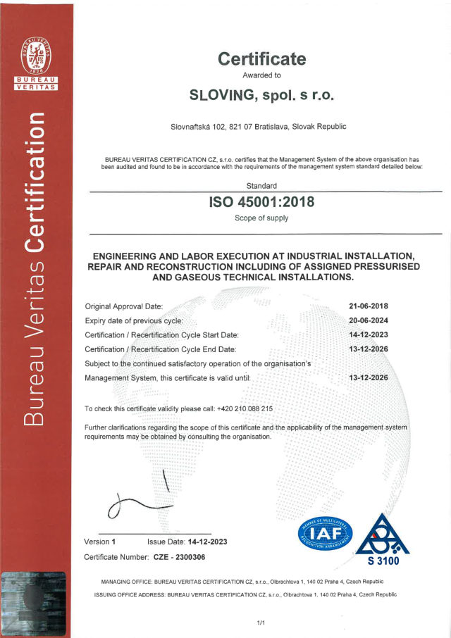 Certifikát ISO 45001:2018 (EN) (náhľad 1. strany)
