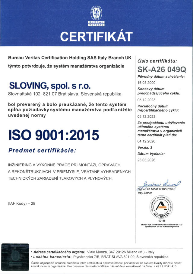 Certifikát ISO 9001:2015 (náhľad 1. strany)