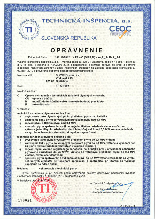 Oprávnenie VTZ plyn (náhľad 1. strany)