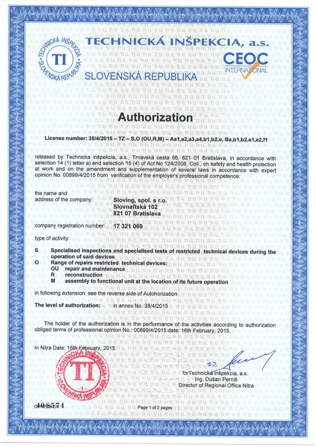 Authorisation for pressure equipment, Technical Inspection SR (náhľad 1. strany)