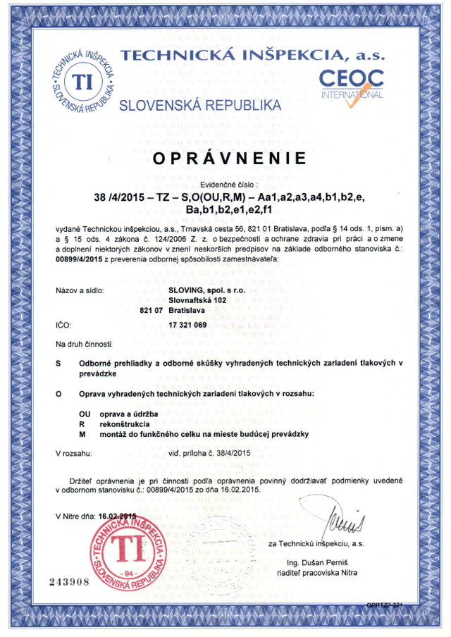 Oprávnenie VTZ tlak, Technická inšpekcia SR (náhľad 1. strany)